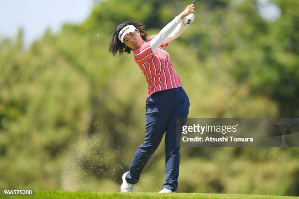 Shiho Oyama of Japan hits her tee shot on the 14th hole during the final round of the Yonex Ladies at Yonex Country Club on June 3, 2018 in Nagaoka,...