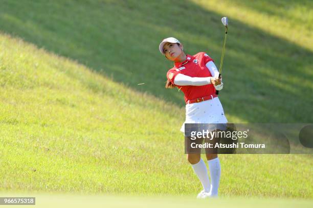 Bo-Mee Lee of South Korea hits her second shot on the 1st hole during the final round of the Yonex Ladies at Yonex Country Club on June 3, 2018 in...