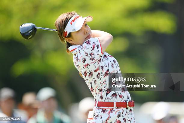 Maria Shinohara of Japan hits her tee shot on the 18th hole during the final round of the Yonex Ladies at Yonex Country Club on June 3, 2018 in...