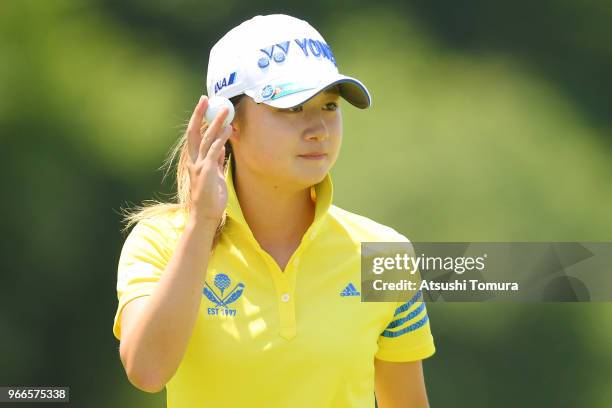 Haruka Morita of Japan reacts during the final round of the Yonex Ladies at Yonex Country Club on June 3, 2018 in Nagaoka, Niigata, Japan.