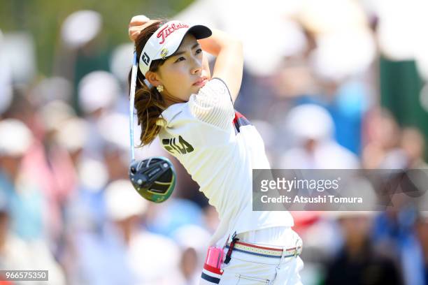 Ayako Kimura of Japan hits her tee shot on the 10th hole during the final round of the Yonex Ladies at Yonex Country Club on June 3, 2018 in Nagaoka,...