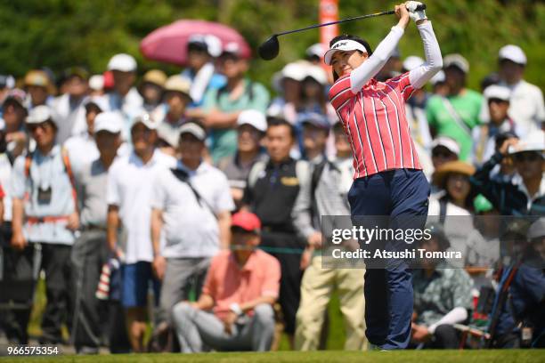 Shiho Oyama of Japan hits her tee shot on the 13th hole during the final round of the Yonex Ladies at Yonex Country Club on June 3, 2018 in Nagaoka,...