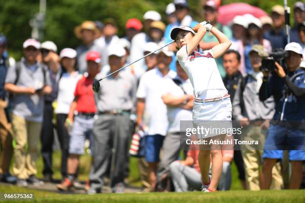 Ayako Kimura of Japan hits her tee shot on the 13th hole during the final round of the Yonex Ladies at Yonex Country Club on June 3, 2018 in Nagaoka,...