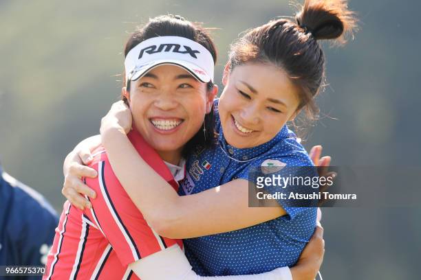 Shiho Oyama of Japan celebrates with Miho Koga of Japan after winning the Yonex Ladies at Yonex Country Club on June 3, 2018 in Nagaoka, Niigata,...