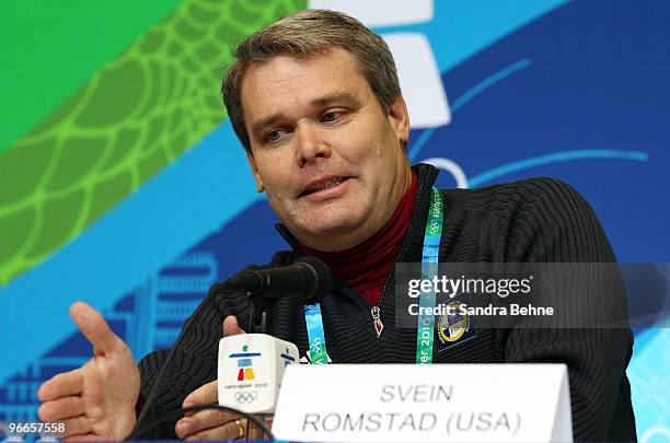 Svein Romstad, Secretary General of the International Luge Federation , gestures in regards to the Olympic Luge course during a press conference to...