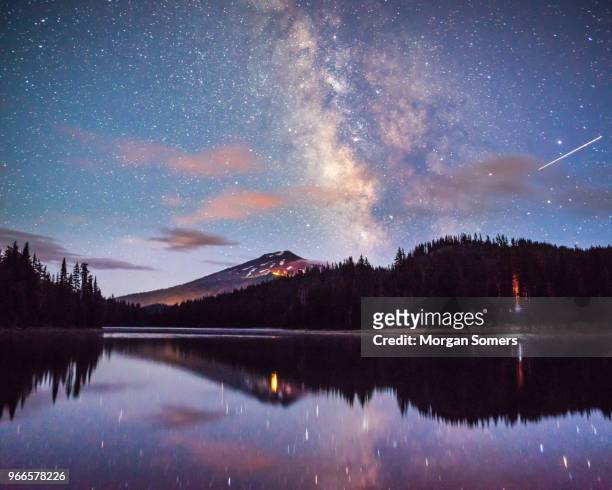 mt bachelor reflecting in todd lake bend, oregon - mt bachelor stock pictures, royalty-free photos & images