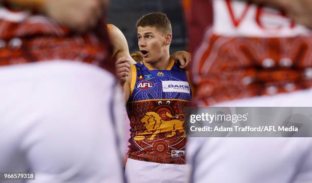 Dayne Zorko of the Lions addresses his teammates during the 2018 AFL round 11 match between the North Melbourne Kangaroos and the Brisbane Lions at...