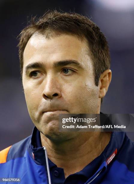 Brad Scott, Senior Coach of the Kangaroos looks on during the 2018 AFL round 11 match between the North Melbourne Kangaroos and the Brisbane Lions at...