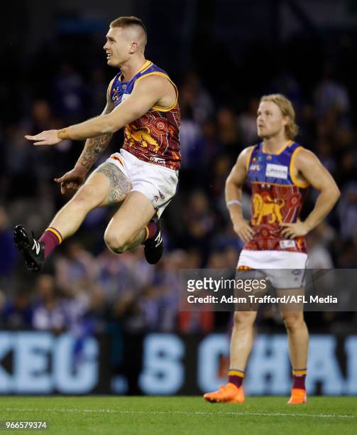 Dayne Beams of the Lions kicks the ball during the 2018 AFL round 11 match between the North Melbourne Kangaroos and the Brisbane Lions at Etihad...
