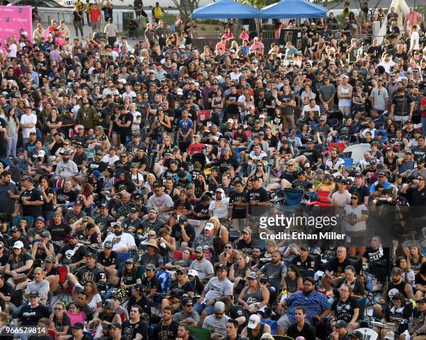 Fans attend a Vegas Golden Knights road game watch party for Game Three of the 2018 NHL Stanley Cup Final between the Washington Capitals and the...