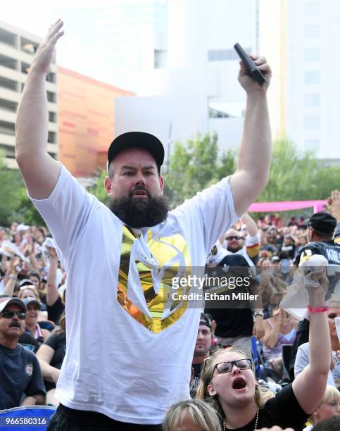 Vegas Golden Knights fan Andy Mensch of Nevada reacts during a Golden Knights road game watch party for Game Three of the 2018 NHL Stanley Cup Final...