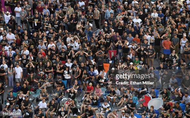 Fans attend a Vegas Golden Knights road game watch party for Game Three of the 2018 NHL Stanley Cup Final between the Washington Capitals and the...
