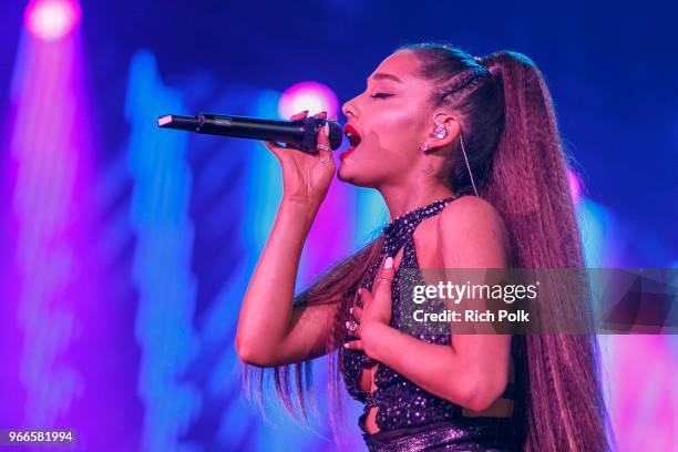 Ariana Grande performs onstage during the 2018 iHeartRadio Wango Tango by AT&T at Banc of California Stadium on June 2, 2018 in Los Angeles,...