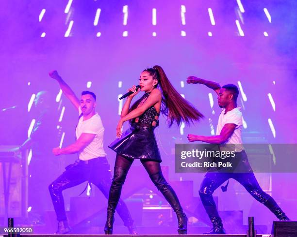 Ariana Grande performs onstage during the 2018 iHeartRadio Wango Tango by AT&T at Banc of California Stadium on June 2, 2018 in Los Angeles,...