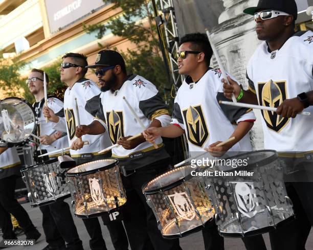 The Vegas Golden Knights Knight Line Drumbots perform at a Golden Knights road game watch party for Game Three of the 2018 NHL Stanley Cup Final...