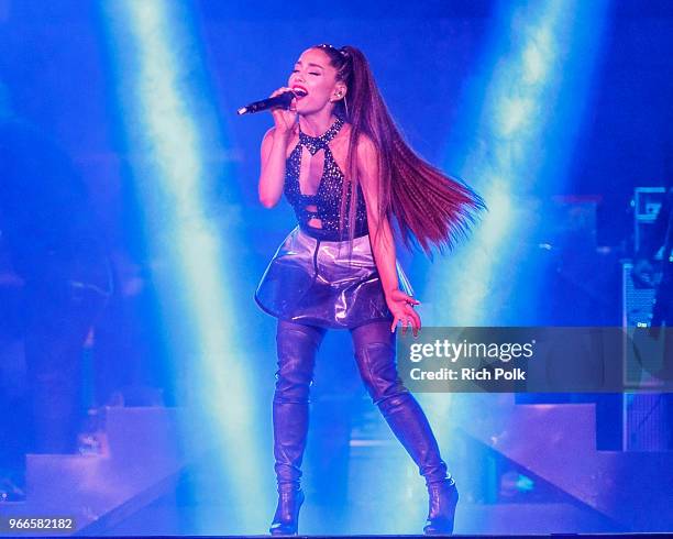 Ariana Grande performs onstage during the 2018 iHeartRadio Wango Tango by AT&T at Banc of California Stadium on June 2, 2018 in Los Angeles,...