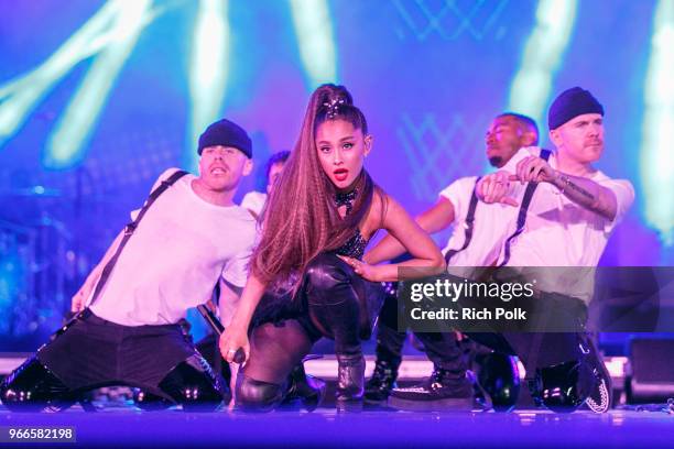 Ariana Grande performs onstage during the 2018 iHeartRadio Wango Tango by AT&T at Banc of California Stadium on June 2, 2018 in Los Angeles,...