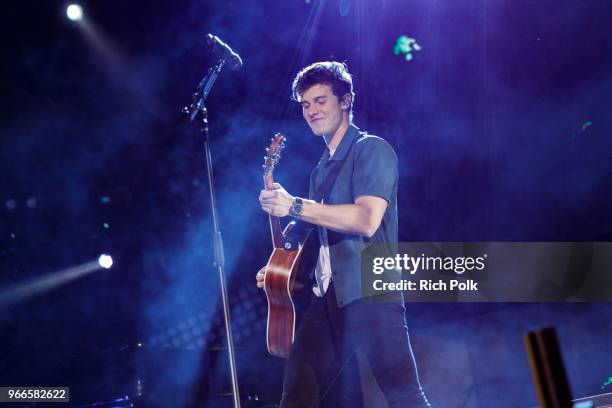 Shawn Mendes performs onstage during the 2018 iHeartRadio Wango Tango by AT&T at Banc of California Stadium on June 2, 2018 in Los Angeles,...