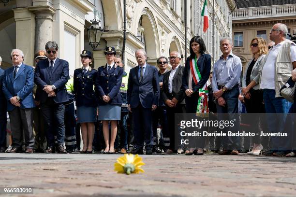 Antonio Comi and Chiara Appendino pays respect to fan Erika Pioletti on June 3, 2018 in Turin, Italy. Juventus fan Erika Pioletti died while watching...