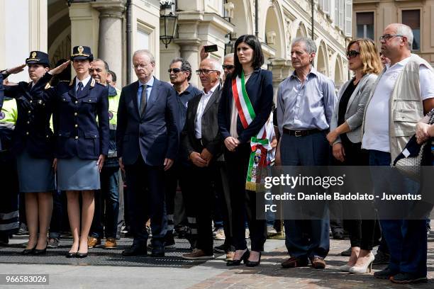 Chiara Appendino pays respect to fan Erika Pioletti on June 3, 2018 in Turin, Italy. Juventus fan Erika Pioletti died while watching the 2017...