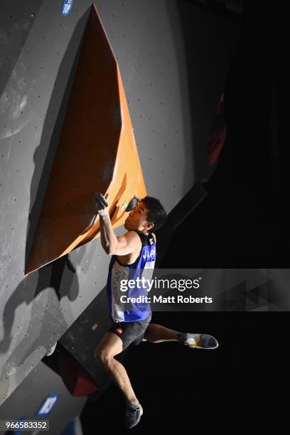 Rei Sugimoto of Japan competes during the Men's final on day two of the IFSC World Cup Hachioji at Esforta Arena Hachioji on June 3, 2018 in...