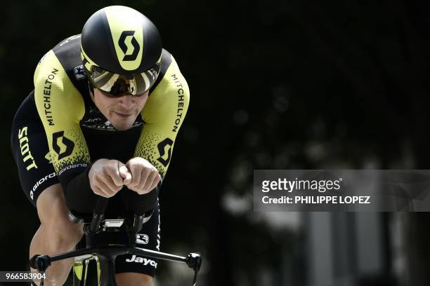 Australia's Alexander Edmondson rides during a 6,6 km individual time-trial, the prologue of the 70th edition of the Criterium du Dauphine cycling...