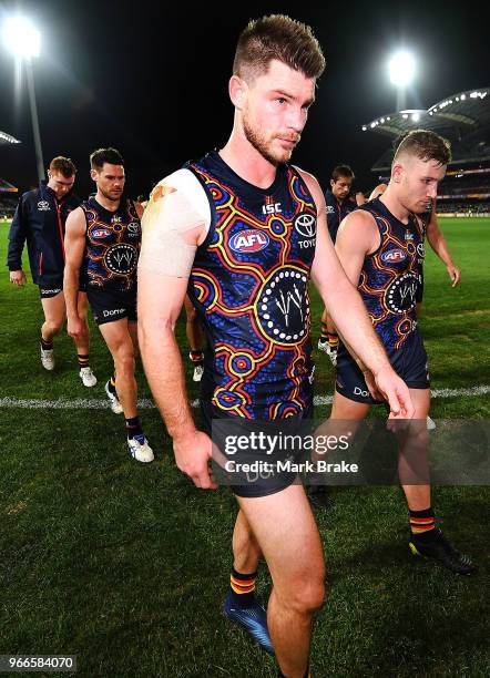 Bryce Gibbs of the Adelaide Crows leaves the ground during the round 11 AFL match between the Adelaide Crows and the Greater Western Sydney Giants at...