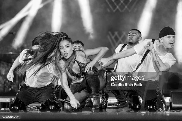 Ariana Grande performs onstage during the 2018 iHeartRadio Wango Tango by AT&T at Banc of California Stadium on June 2, 2018 in Los Angeles,...