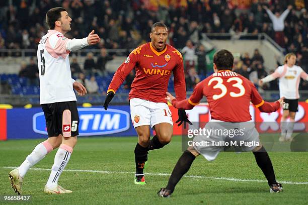 Julio Baptista of Roma celebrates a goal during the Serie A match between AS Roma and US Citta di Palermo at Stadio Olimpico on February 13, 2010 in...