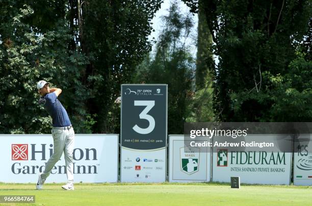 Thomas Pieters of Belgium tees off on the 3rd hole during the final round of the Italian Open at Gardagolf Country Club on June 3, 2018 in Brescia,...