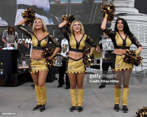 Members of the Vegas Golden Knights Golden Aces perform during a Golden Knights road game watch party for Game Three of the 2018 NHL Stanley Cup...