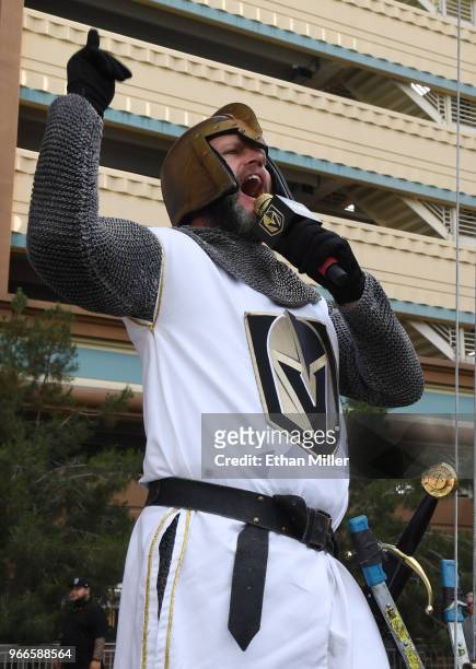 Lee Orchard as the Golden Knight speaks to the crowd at a Vegas Golden Knights road game watch party for Game Three of the 2018 NHL Stanley Cup Final...