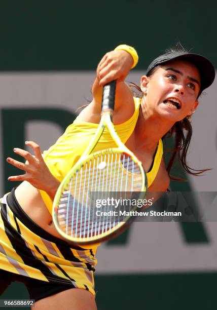 Ana Paula Melilo of Brazil in action during her girls singles first round match against Lulu Sun of Switzerland during day eight of the 2018 French...