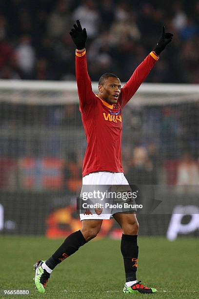 Julio Baptista of AS Roma celebrates his team's second goal during the Serie A match between AS Roma and US Citta di Palermo at Stadio Olimpico on...