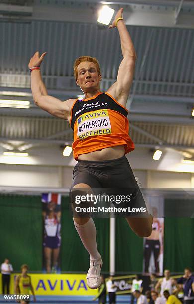Greg Rutherford of Milton Keynes in action during the Mens Long Jump Final during the first day of the AVIVA World Trials and UK Championships at the...