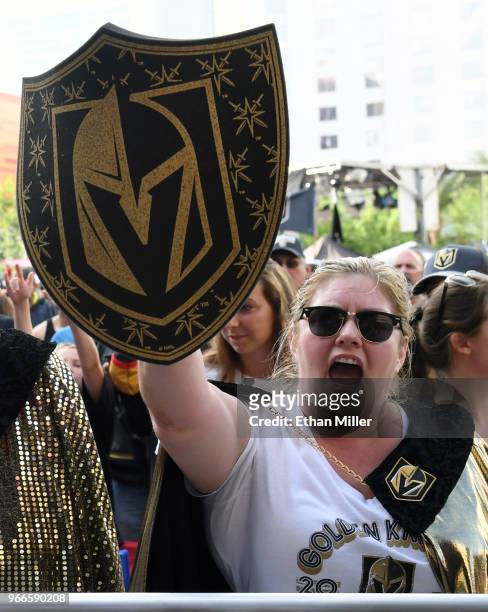 Vegas Golden Knights fan Gina Eggert of Nevada cheers during a Golden Knights road game watch party for Game Three of the 2018 NHL Stanley Cup Final...