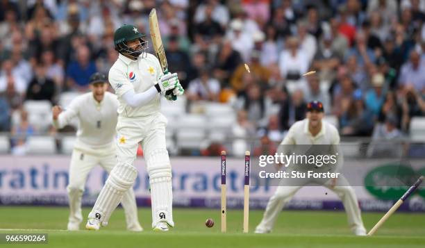 Pakistan batsman Azhar Ali is bowled by James Anderson during day three of the 2nd Test Match between England and Pakistan at Headingley on June 3,...