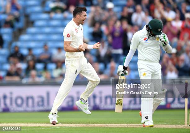 James Anderson of England celebrates dismissing Azhar Ali of Pakistan during day three of the 2nd NatWest Test match between England and Pakistan at...