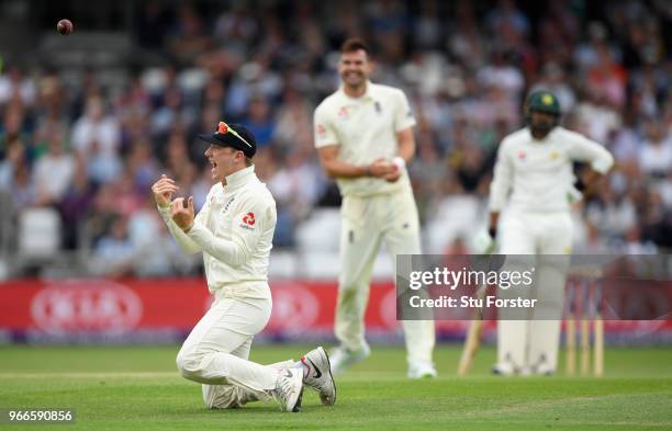 England fielder Dominic Bess celebrates after catching out Haris Sohail during day three of the 2nd Test Match between England and Pakistan at...