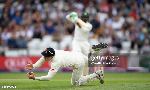 England fielder Dominic Bess catches out Haris Sohail during day three of the 2nd Test Match between England and Pakistan at Headingley on June 3,...