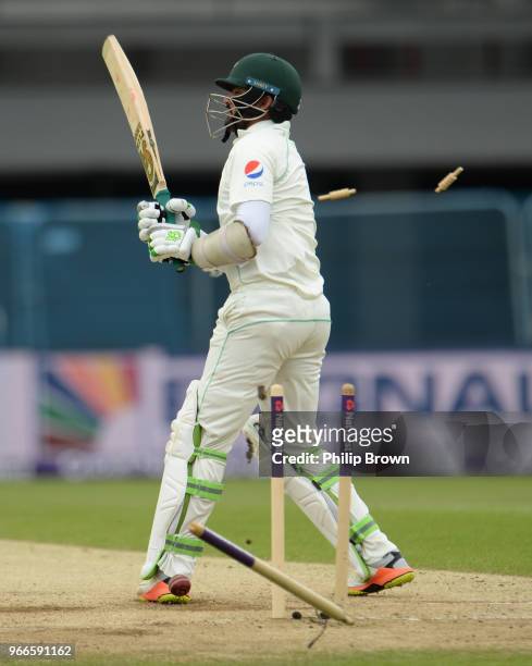 Azhar Ali of Pakistan is bowled during the third day of the 2nd Natwest Test match between England and Pakistan at Headingley cricket ground on June...