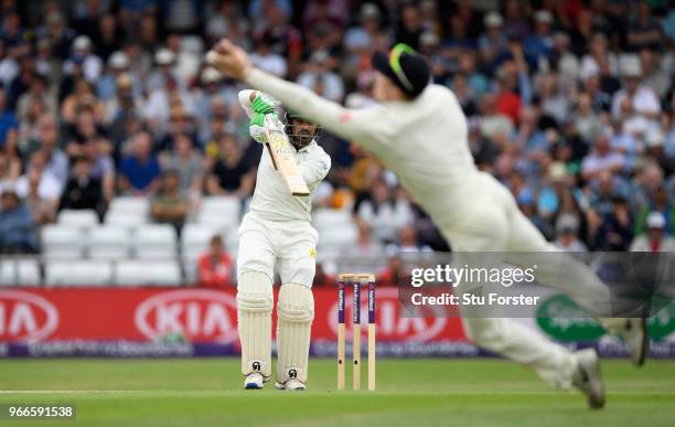 England fielder Dominic Bess catches out Haris Sohail during day three of the 2nd Test Match between England and Pakistan at Headingley on June 3,...