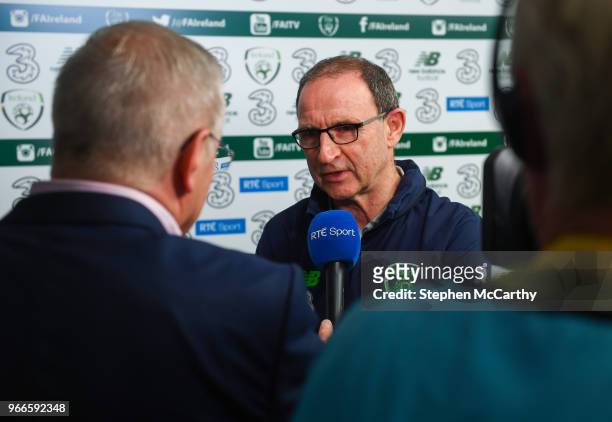 Dublin , Ireland - 2 June 2018; Republic of Ireland manager Martin O'Neill speaks to RTÉ following the International Friendly match between Republic...