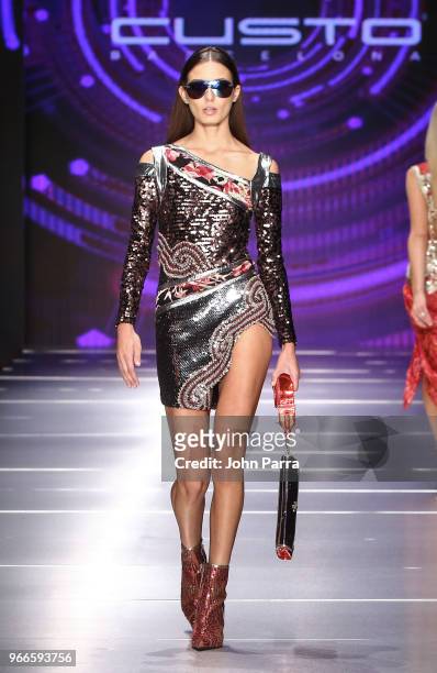Model walks the runway during Miami Fashion Week 2018 - Custo Barcelona - Runway at Ice Palace on June 2, 2018 in Miami, Florida.