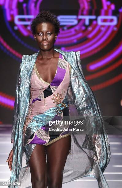 Model walks the runway during Miami Fashion Week 2018 - Custo Barcelona - Runway at Ice Palace on June 2, 2018 in Miami, Florida.