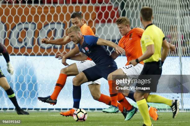 Stefan de Vrij of Holland, Adam Nemec of Slovakia, Matthijs de Ligt of Holland during the International friendly match between Slovakia and The...