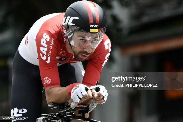 Belgium's Thomas De Gendt rides during a 6,6 km individual time-trial, the prologue of the 70th edition of the Criterium du Dauphine cycling race on...