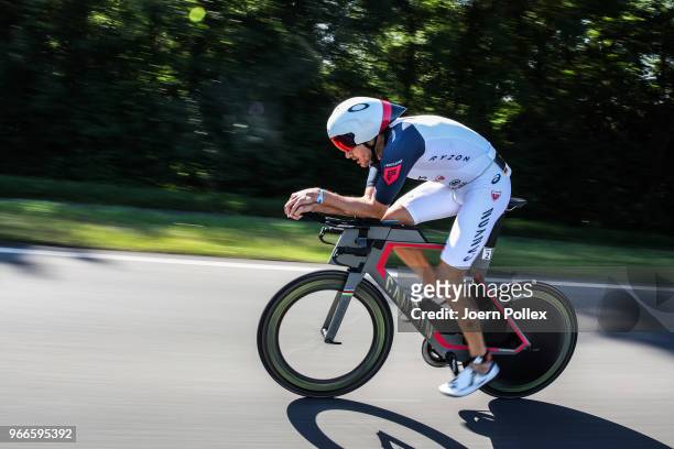 Jan Frodeno competes in the bike leg during the Sparkasse IRONMAN 70.3 Kraichgau powered by KraichgauEnergie on June 3, 2018 in Kraichgau, Germany.