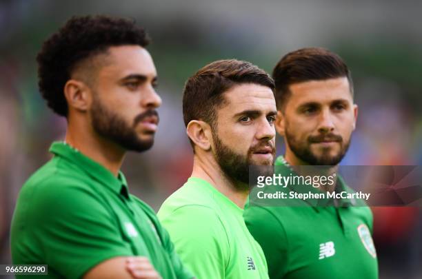 Dublin , Ireland - 2 June 2018; Injured Republic of Ireland players, from left, Derrick Williams, Robbie Brady and Shane Long watch on during the...