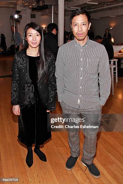 Designers Miho Aoki and Thuy Pham pause backstage at the United Bamboo Fall/Winter 2010 fashion show during Mercedes-Benz Fashion Week at the Altman...